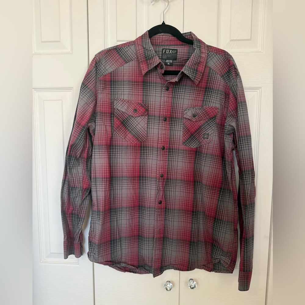 Fox Men's Casual Red and Black Plaid Shirt